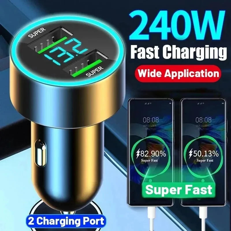 001:Car Charger 240W Dual USB Ports Super Fast Charging Adapter for IPhone 15 Samsung Xiaomi Phone Quick Chargers