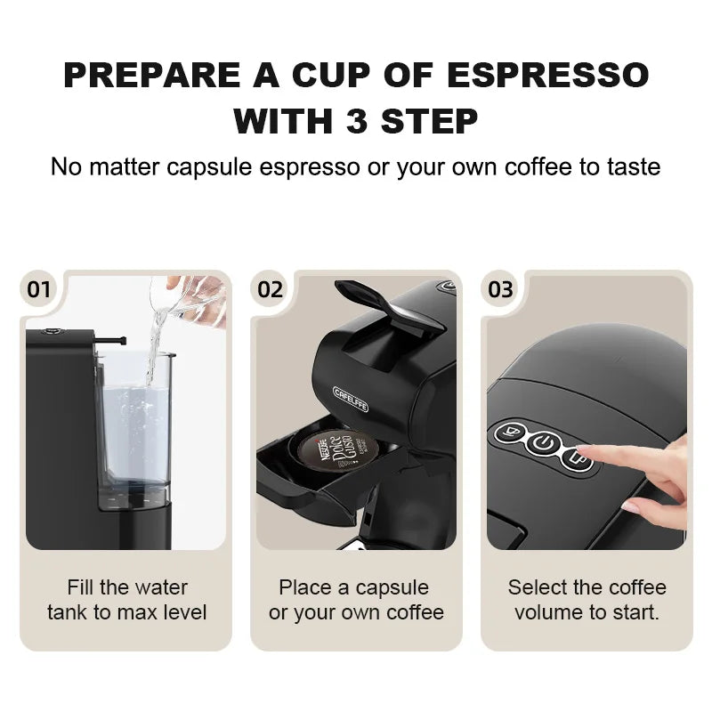 Cafelffe Coffee Machine 3in1 Hot/Cold Multiple Capsule Espresso Maker DG Cappuccino Nexpresso Capsule Powder cafeteria 19Bar